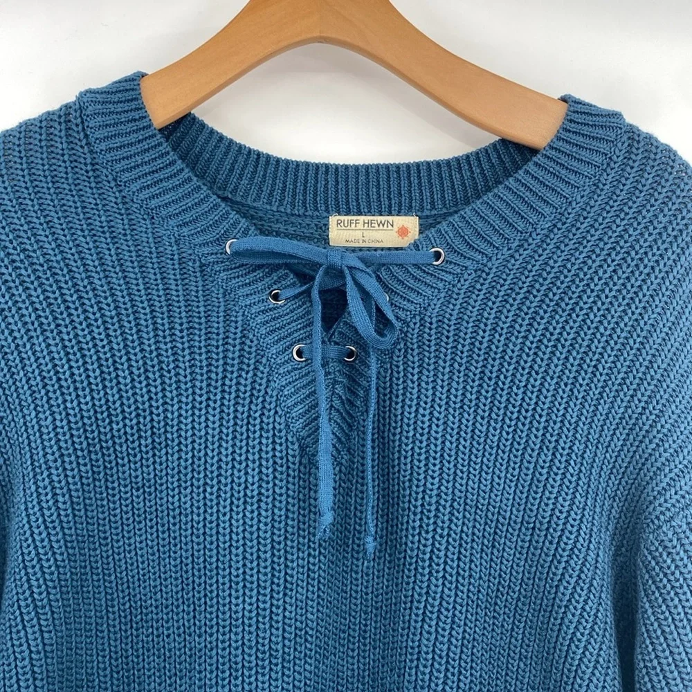 Ruff Hewn Sweater Womens Large Teal Blue Lace‎ Up Ribbed Long Sleeve Knit - Picture 2 of 10